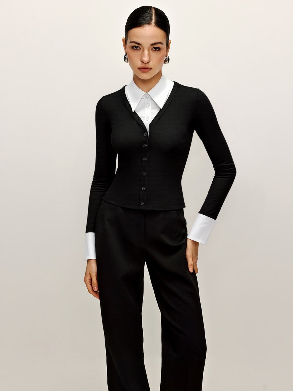 Commense 2 in 1 Contrast Collar and Cuff Shirt
